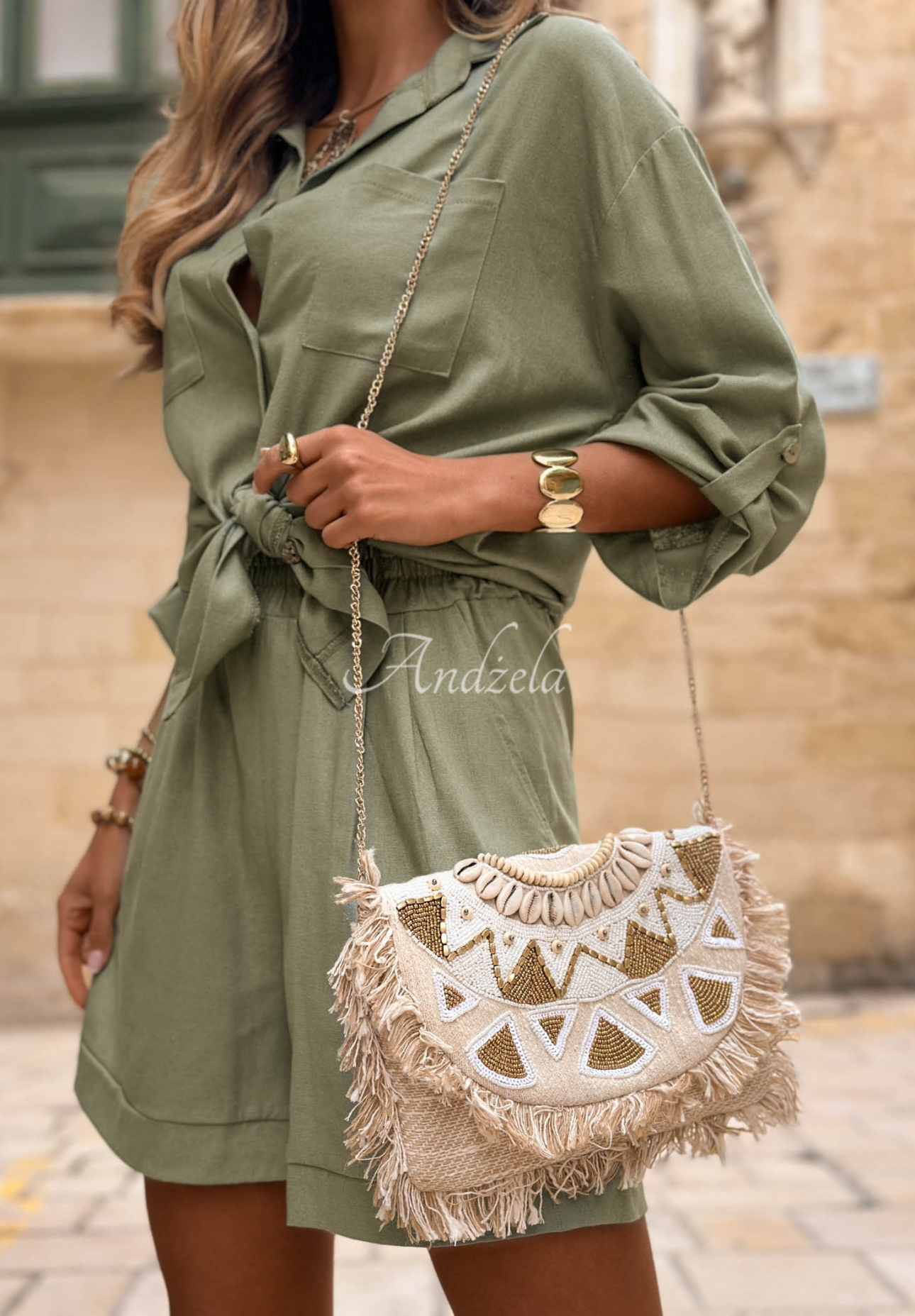 Vyšívaná kabelka z korálok so strapcami boho Admire Sun béžová