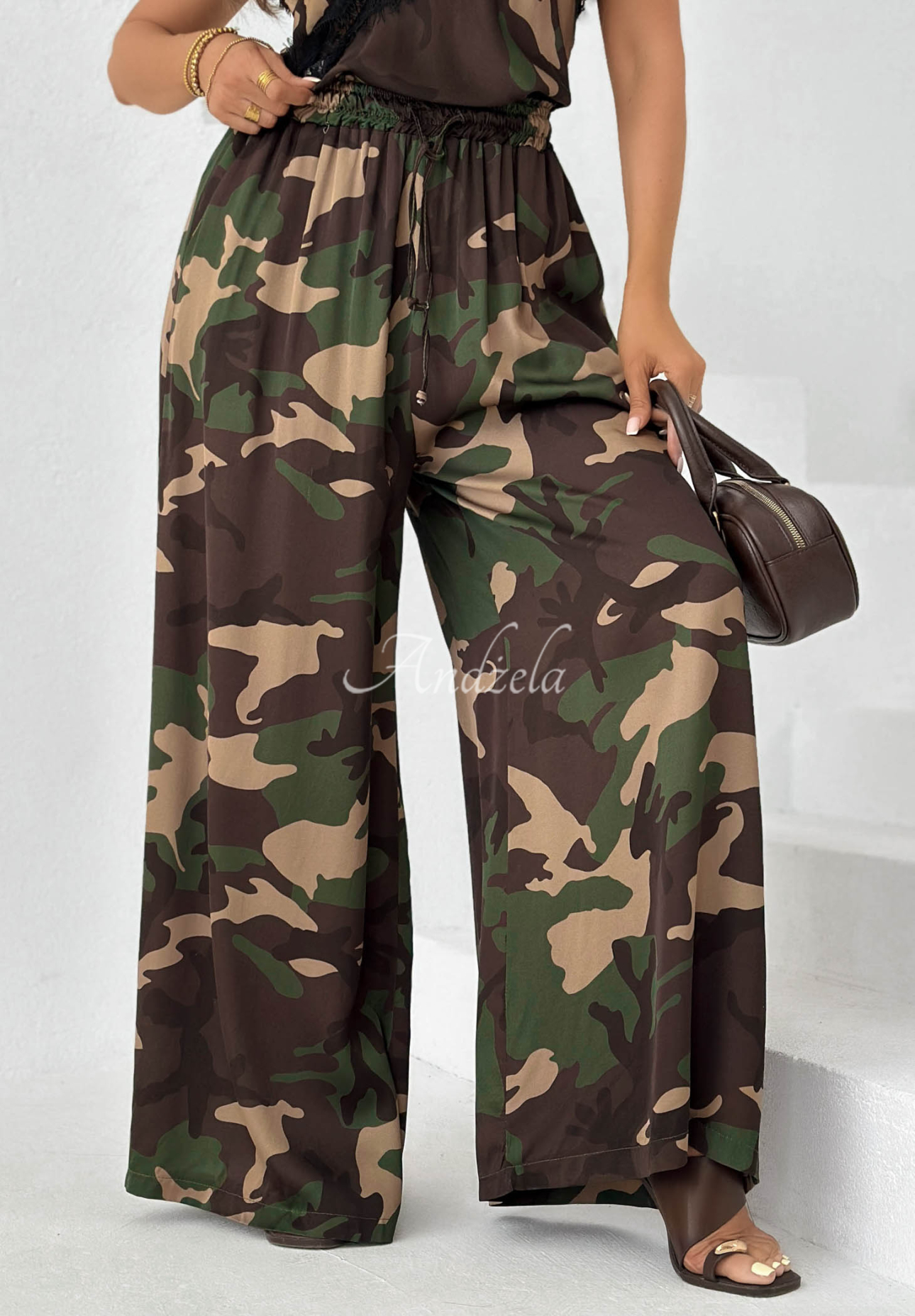 Viskózové nohavice wide leg maskáčové Fancy Cover khaki