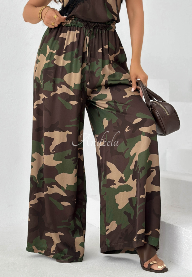 Visk&oacute;zov&eacute; nohavice wide leg mask&aacute;čov&eacute; Fancy Cover khaki