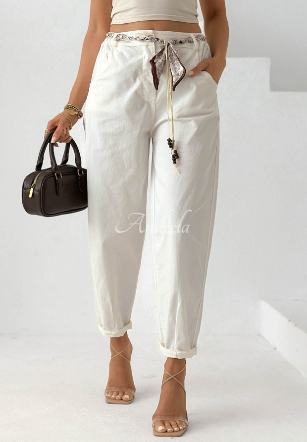 Bavlnen&eacute; nohavice mom fit s opaskom Simple Days ecru