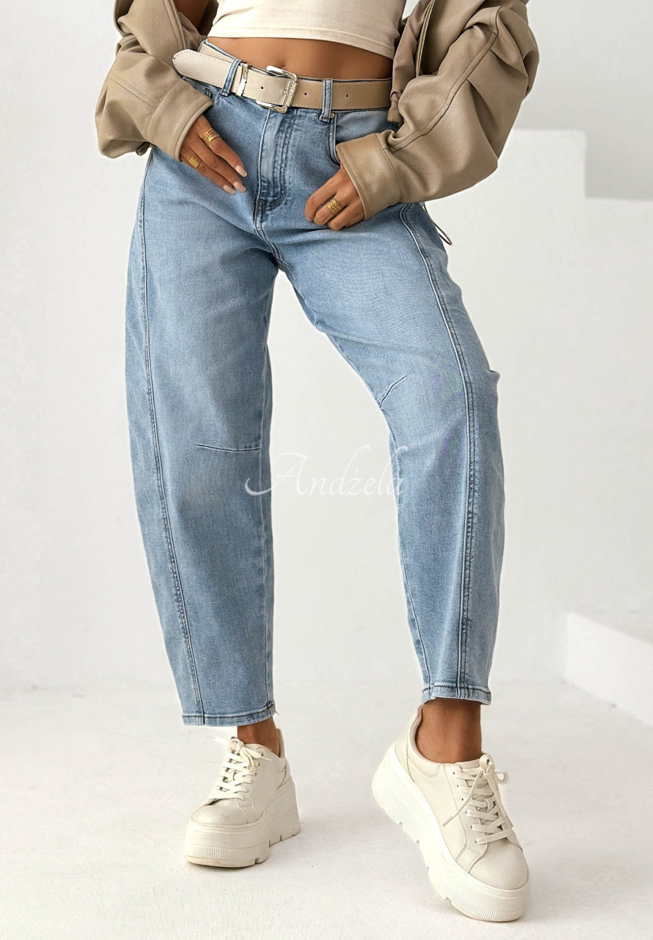 Džínsy banana s opaskom I Told You modré