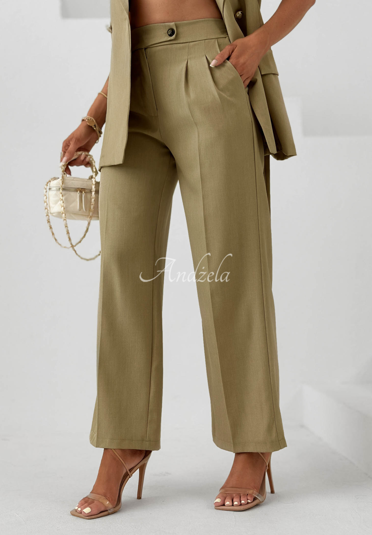 Látkové nohavice wide leg s viskózou Sand Club khaki