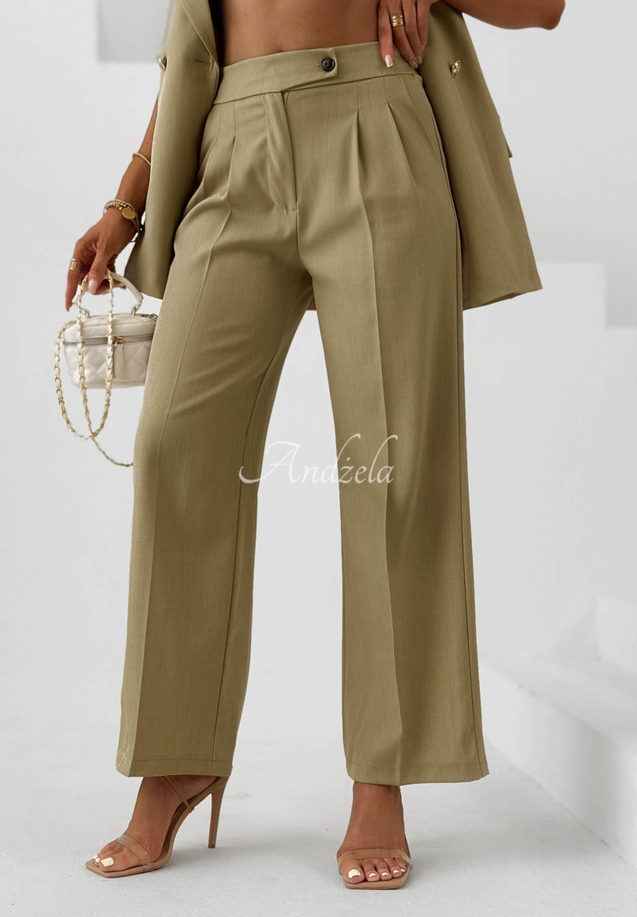Látkové nohavice wide leg s viskózou Sand Club khaki