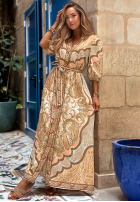 Wzorzysta Šaty maxi z paskiem Timeless Summer béžovo-blankytná