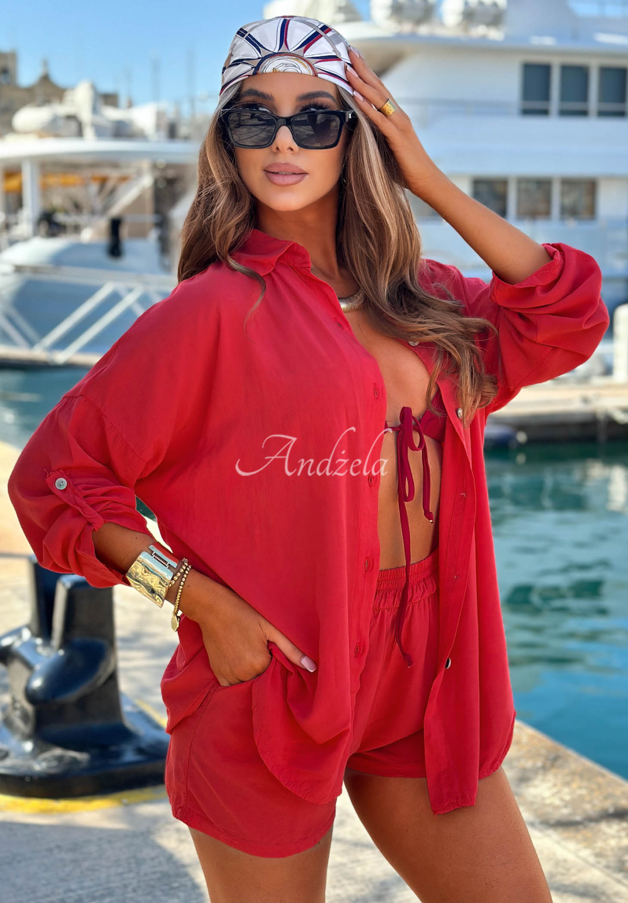 Viskózová súprava košeľa a krátke šortky Summer Essence červený