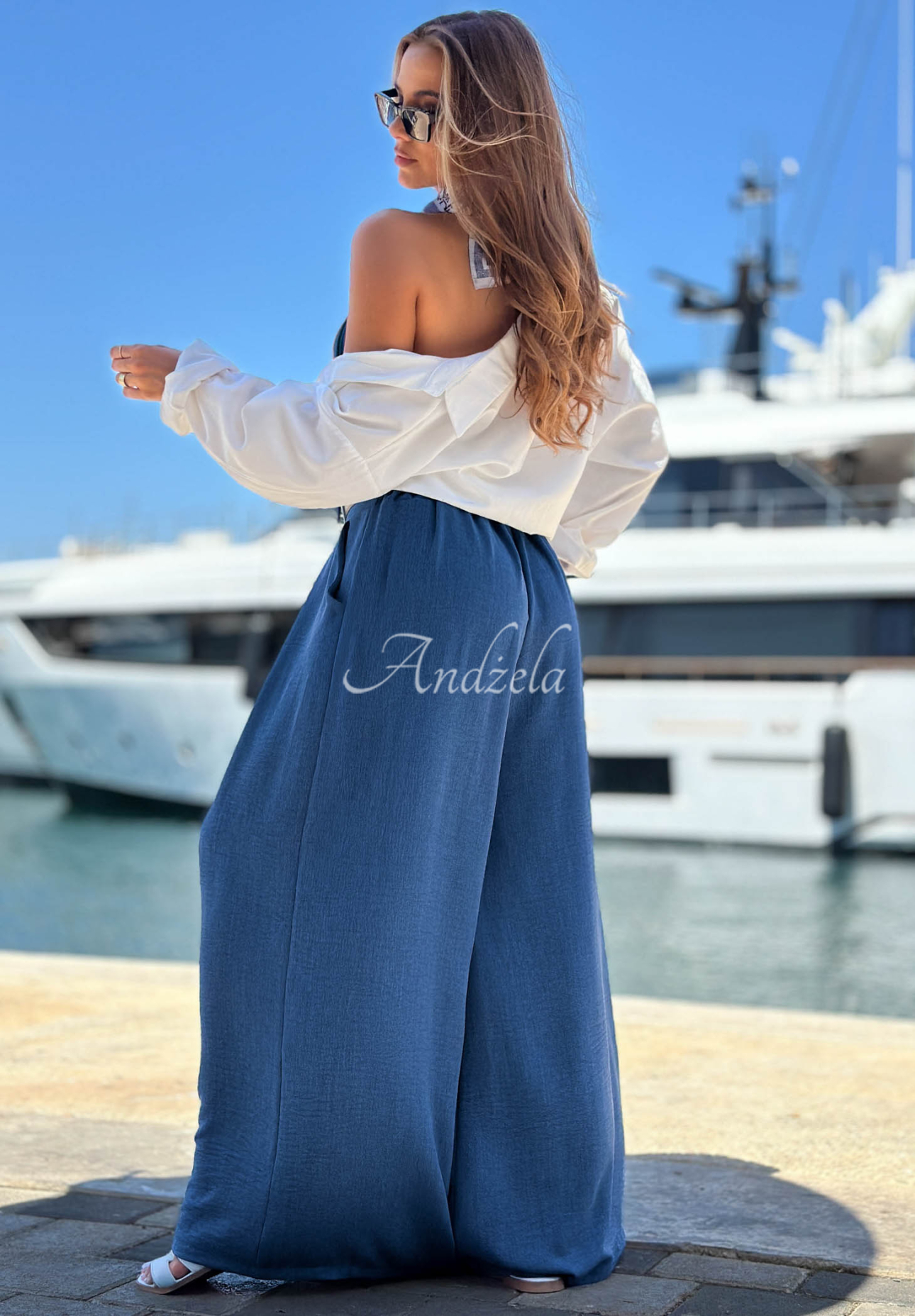 Látkové nohavice wide leg s opaskom Summer Aura modré
