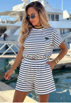 Bawełniany Súprava Blúzka i Kraťasy  w paski Sunny Stripes Set biało-tmavomodrý