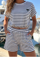 Bawełniany Súprava Blúzka i Kraťasy  w paski Sunny Stripes Set biało-tmavomodrý