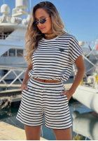 Bawełniany Súprava Blúzka i Kraťasy  w paski Sunny Stripes Set biało-tmavomodrý