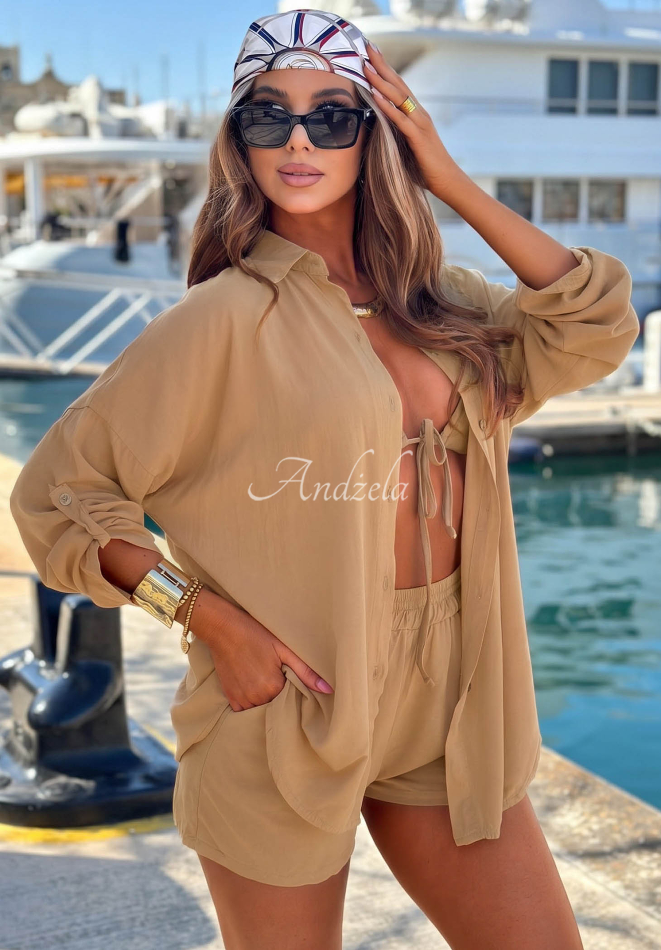 Viskózová súprava košeľa a krátke šortky Summer Essence ťavý