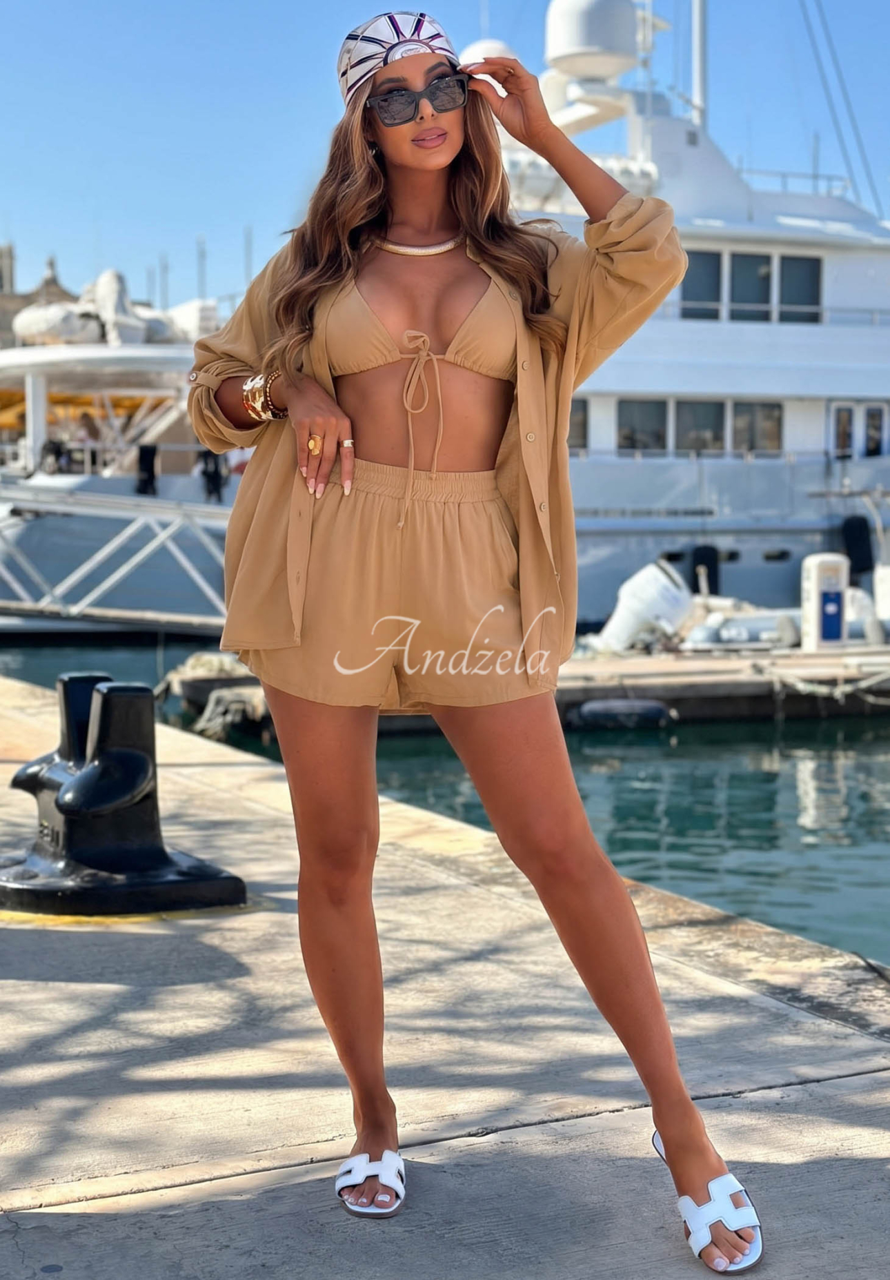 Viskózová súprava košeľa a krátke šortky Summer Essence ťavý