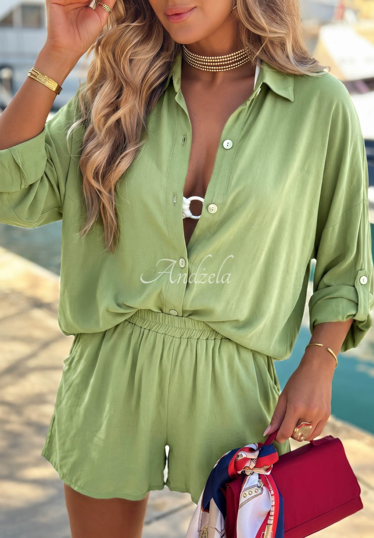 Viskózová súprava košeľa a krátke šortky Summer Essence pistaciový