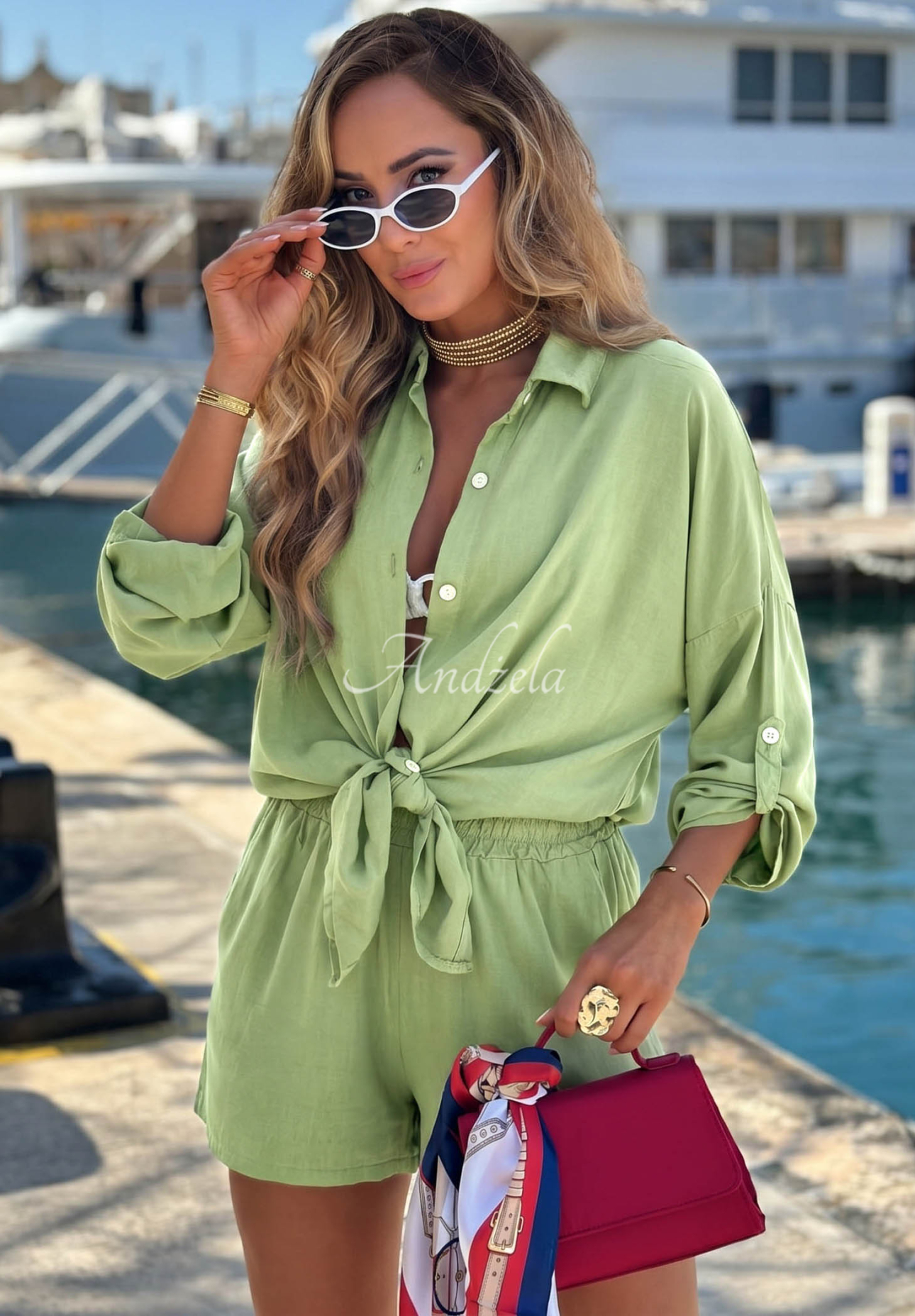 Viskózová súprava košeľa a krátke šortky Summer Essence pistaciový