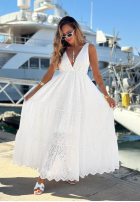 Ažúrové maxi šaty na ramienka boho z bavlny Sun Essence Biela