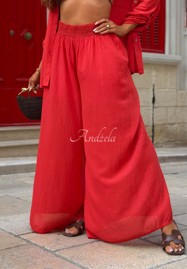 Bavlnen&eacute; nohavice wide leg Malta Romance Flame červen&eacute;