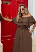Šaty Španielsky maxi z falbankami Sunset Diva čokoládová