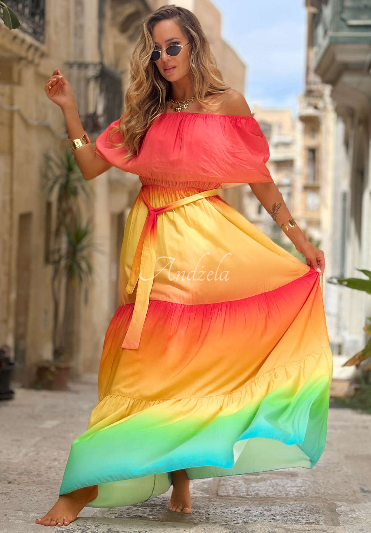 Viskózové ombré šaty španielka Solar Rainbow červeno-žlté