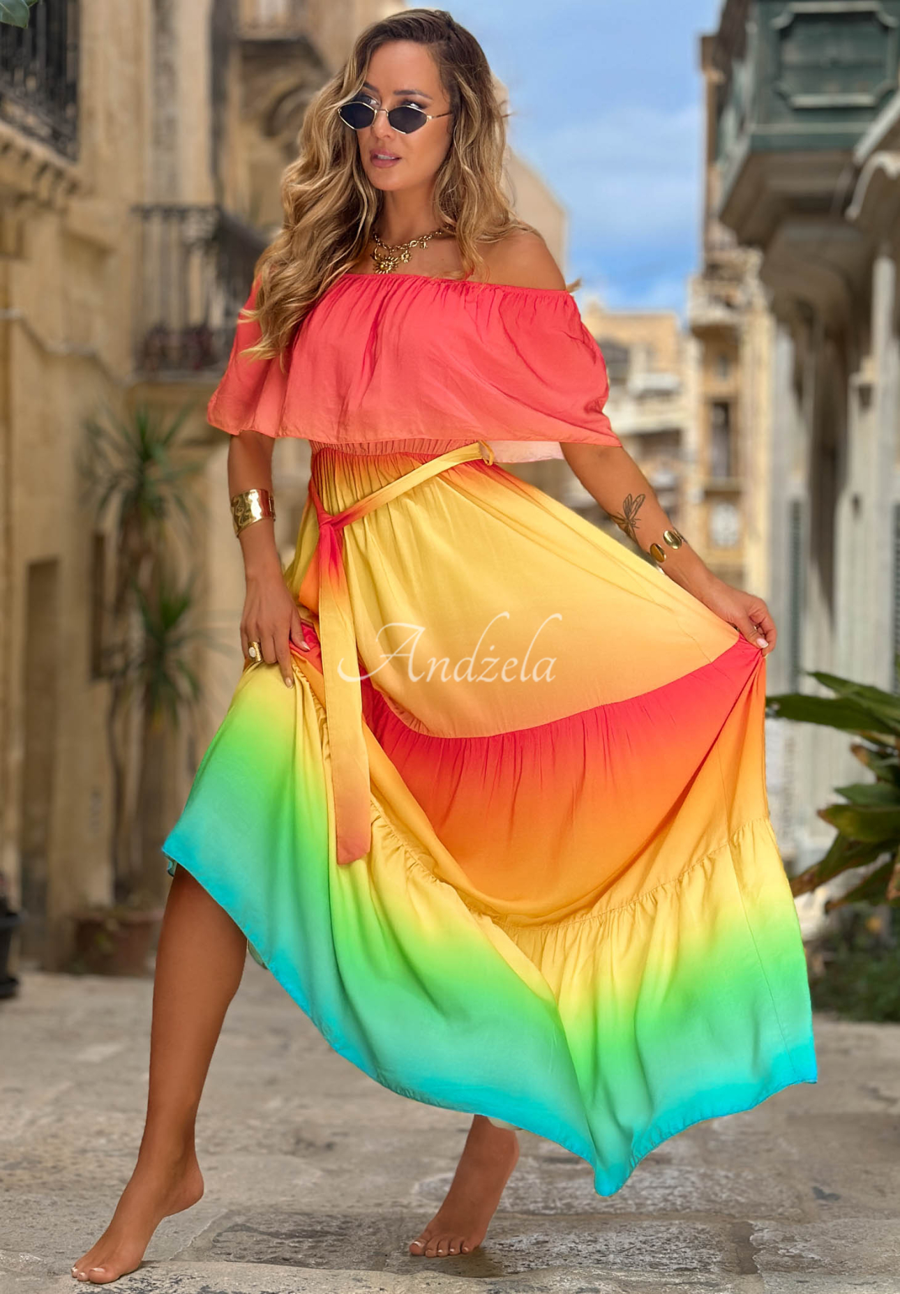 Viskózové ombré šaty španielka Solar Rainbow červeno-žlté