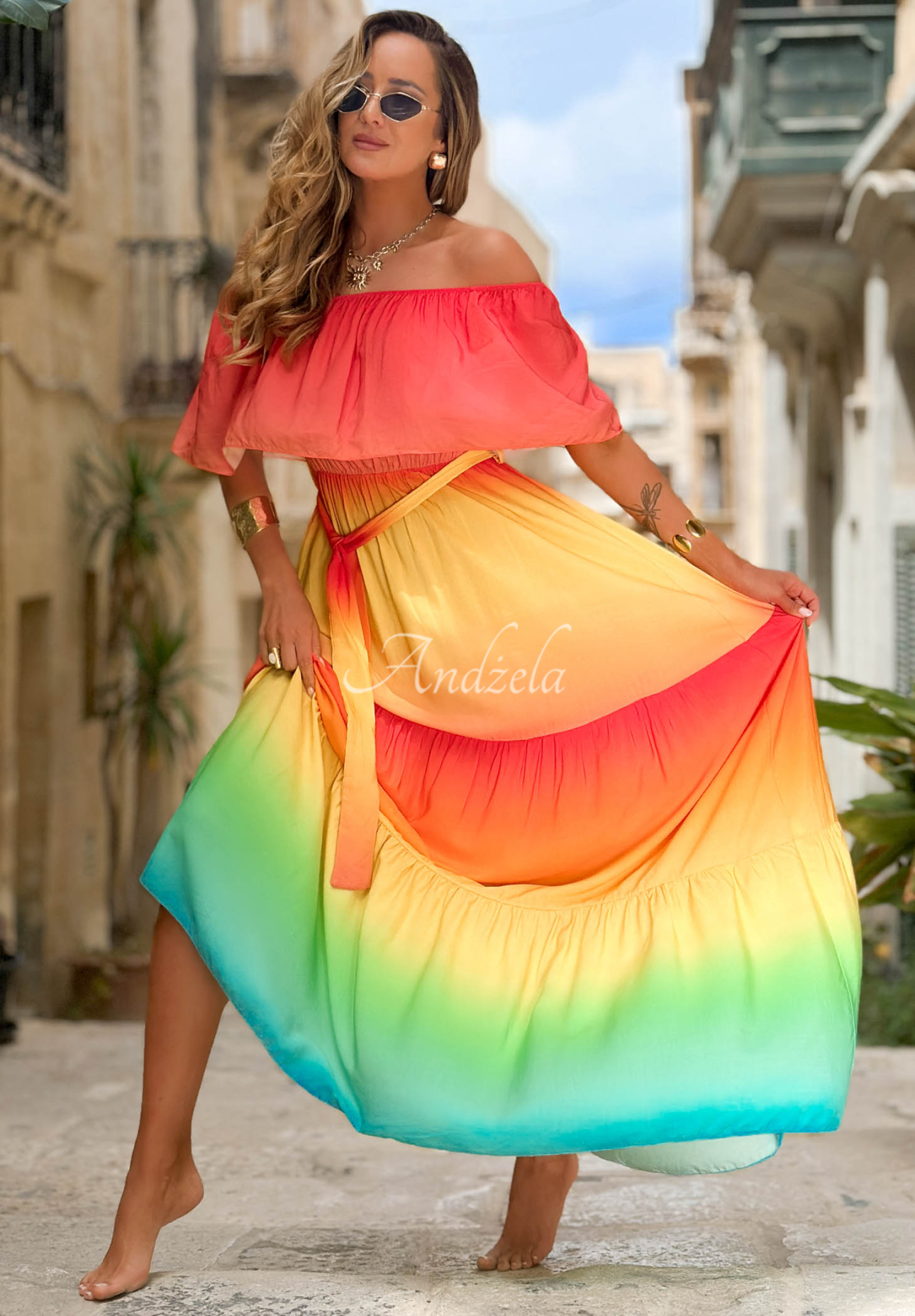 Viskózové ombré šaty španielka Solar Rainbow červeno-žlté
