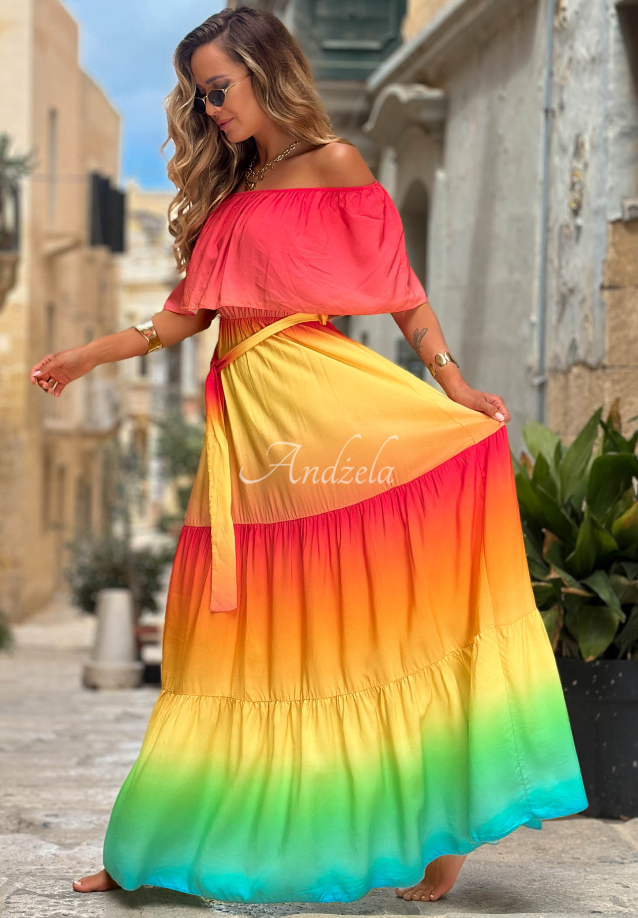Viskózové ombré šaty španielka Solar Rainbow červeno-žlté