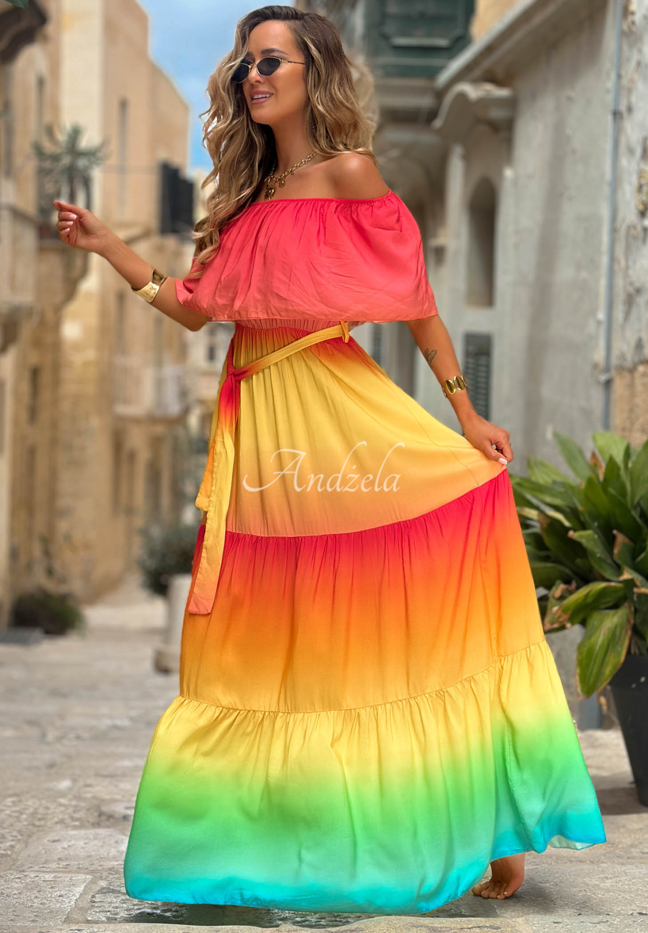 Viskózové ombré šaty španielka Solar Rainbow červeno-žlté