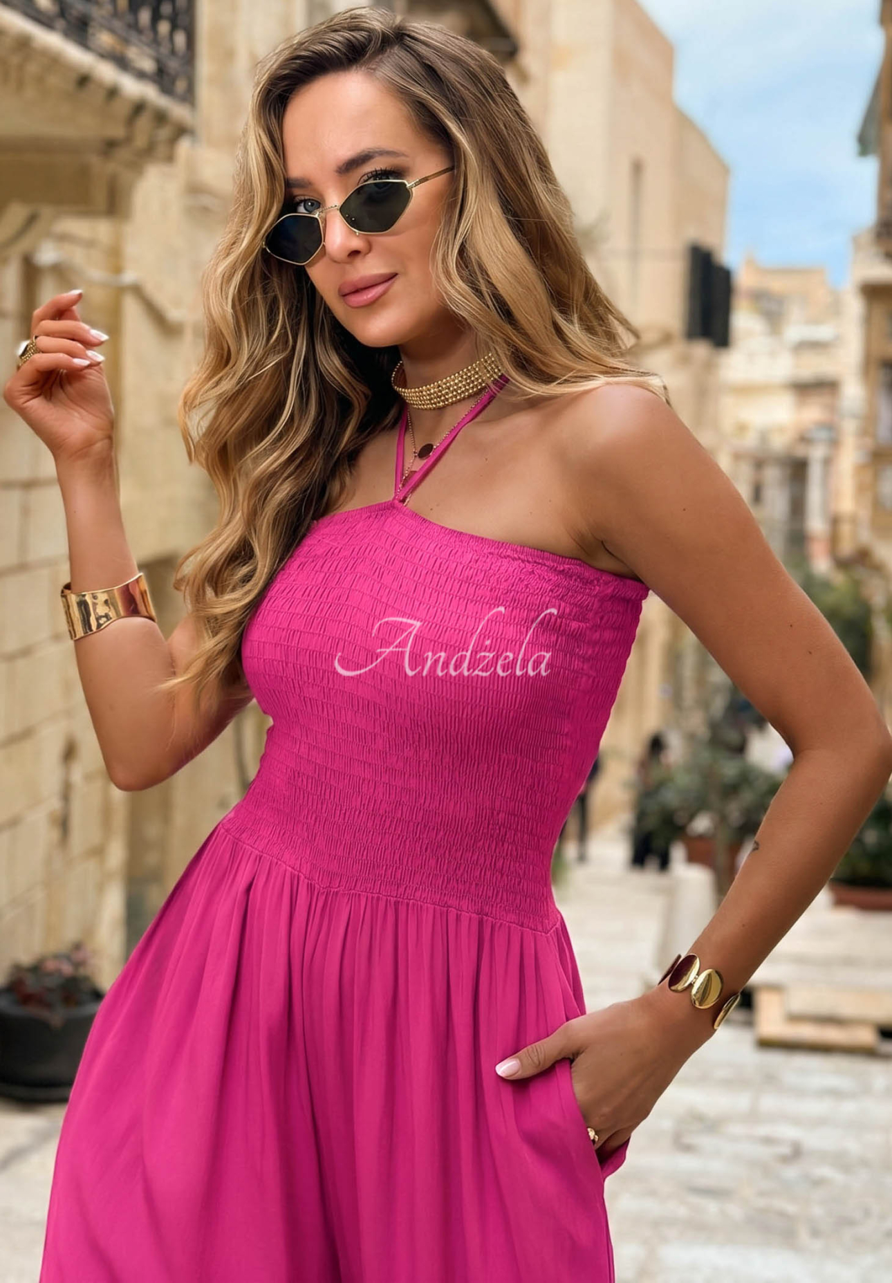 Dlhý viskózový overal wide leg s viazaním Amalfi Paradise fuchsiový