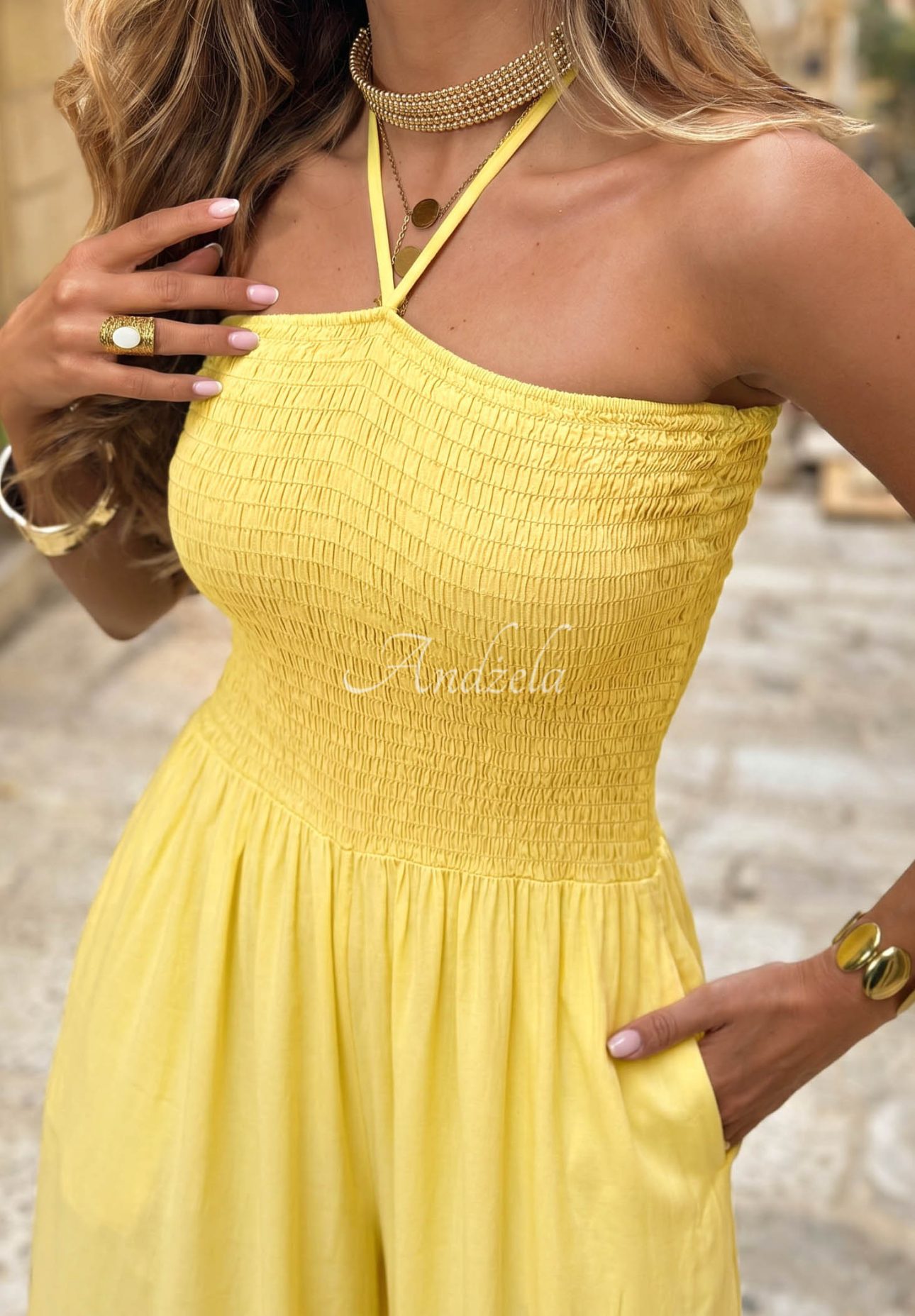 Dlhý viskózový overal wide leg s viazaním Amalfi Paradise žltá