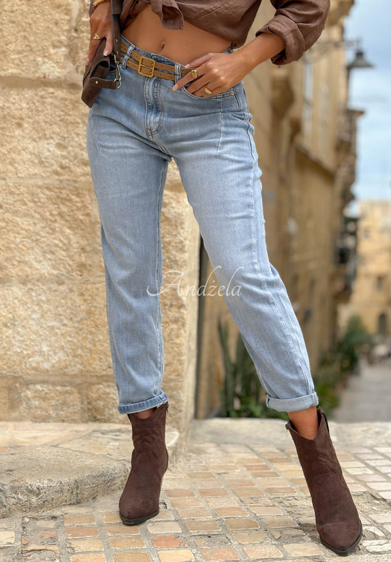 Džínsy moms opaskom Denim Touch modré
