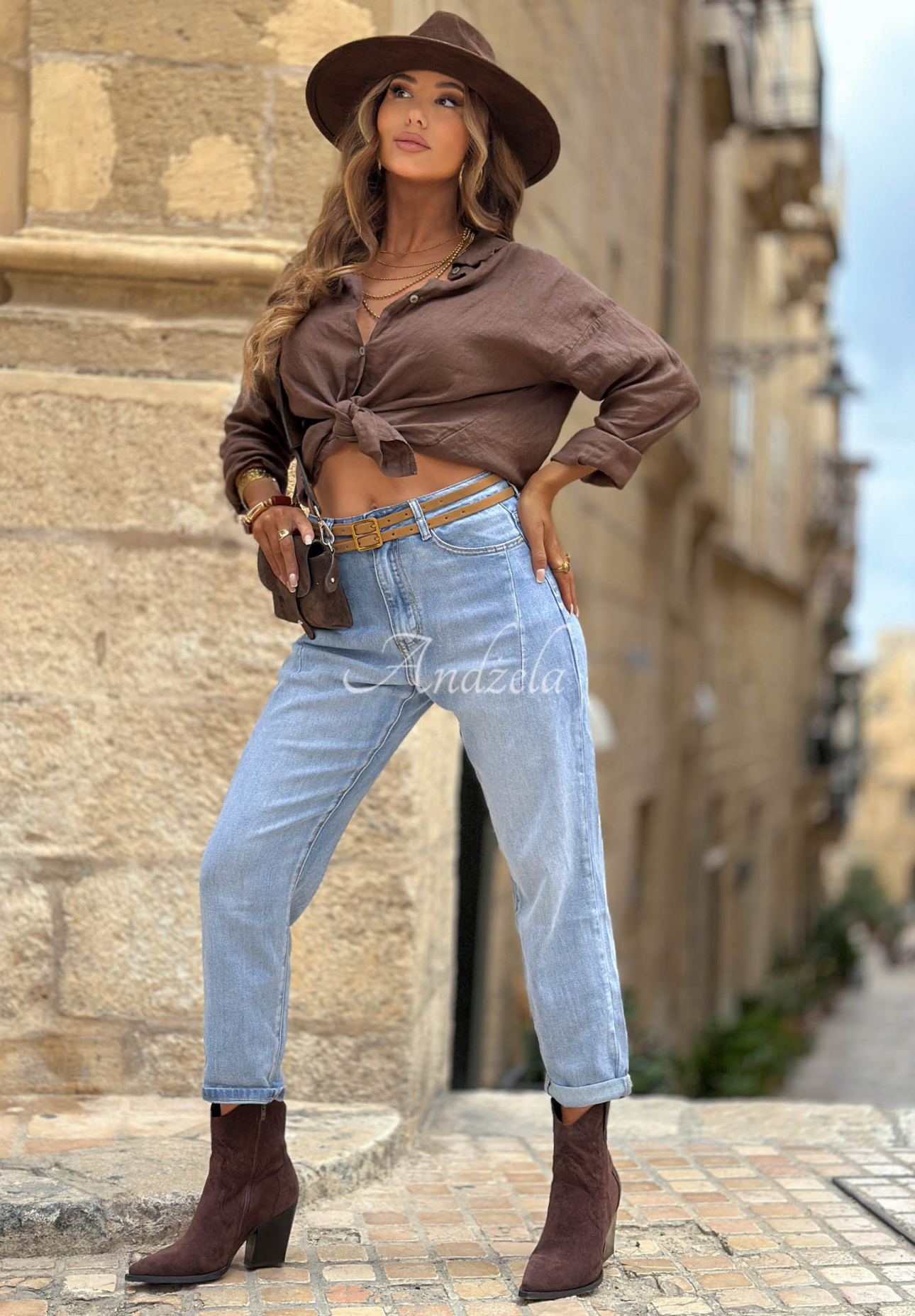 Džínsy moms opaskom Denim Touch modré