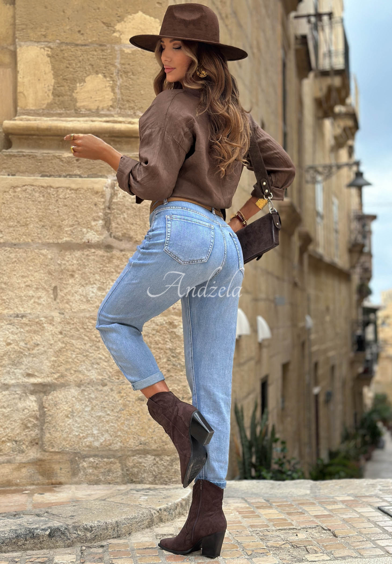Džínsy moms opaskom Denim Touch modré