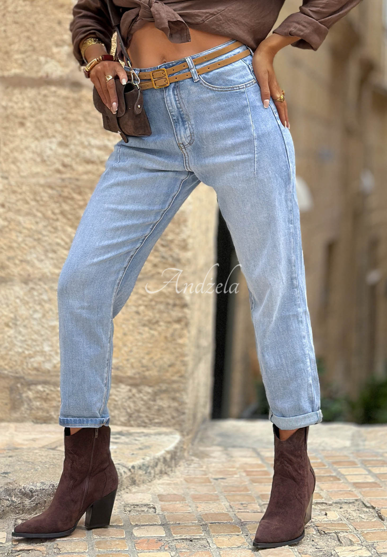 Džínsy moms opaskom Denim Touch modré