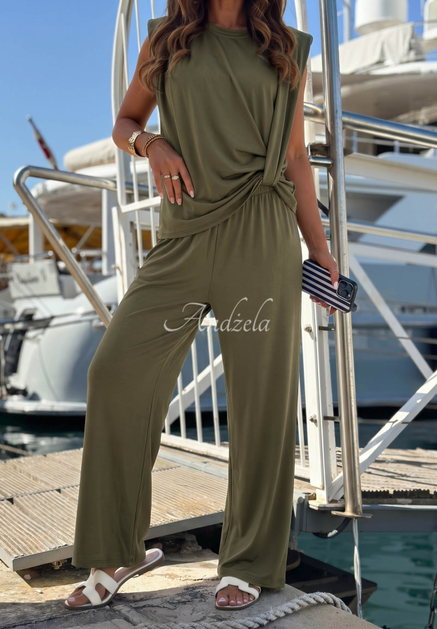S&uacute;prava bl&uacute;zka s uzlom a nohavice wide leg z lyocellu Basic Sun khaki