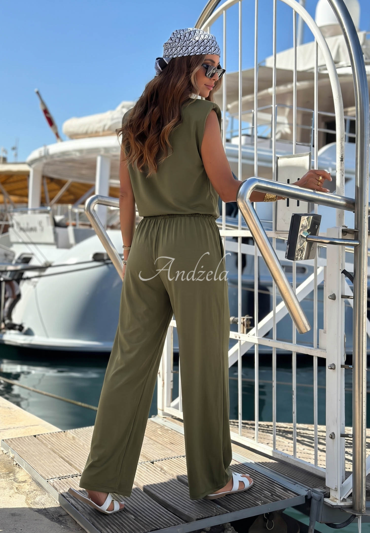 Súprava blúzka s uzlom a nohavice wide leg z lyocellu Basic Sun khaki