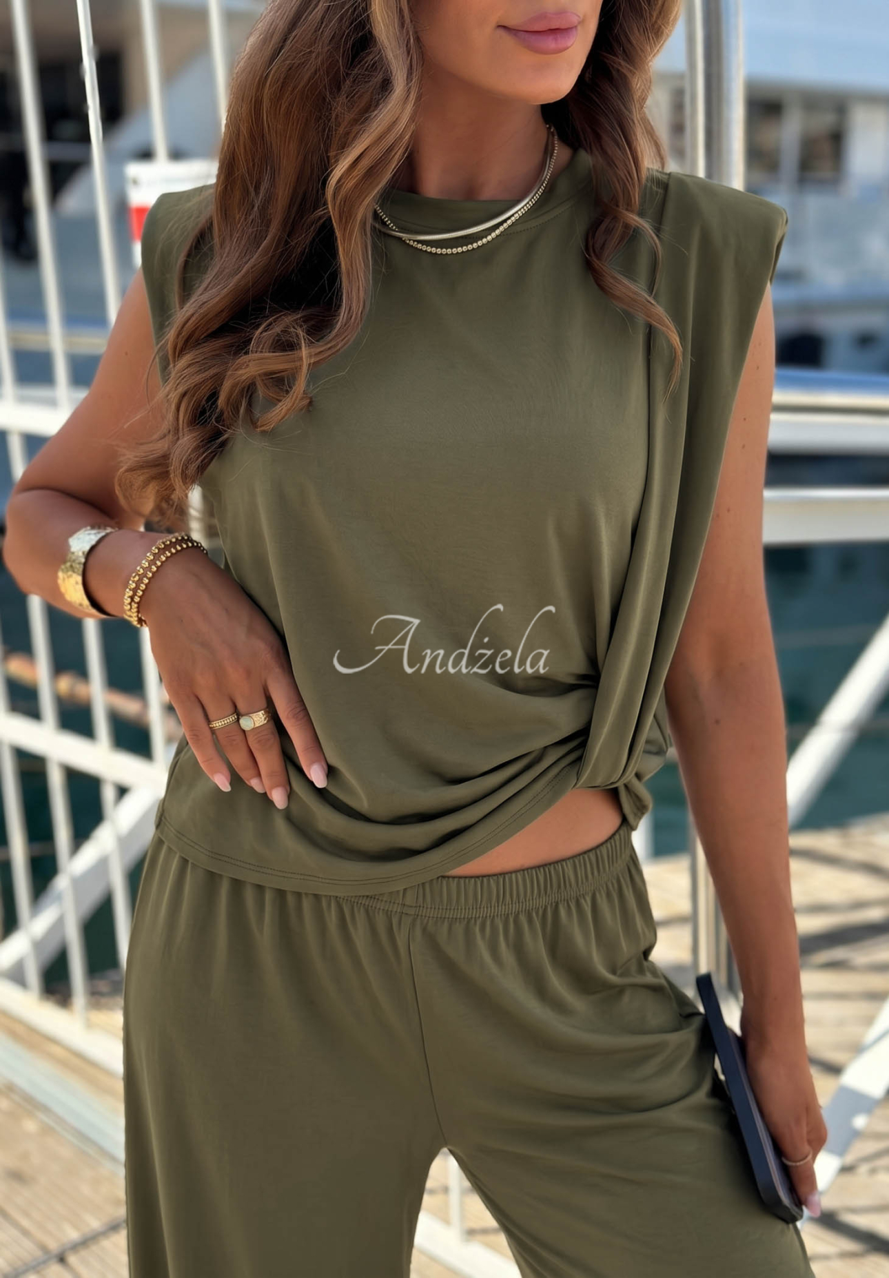 Súprava blúzka s uzlom a nohavice wide leg z lyocellu Basic Sun khaki