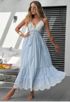 Šaty maxi na ramiączkach z ażurowymi falbankami Seaside Serenity blankytná