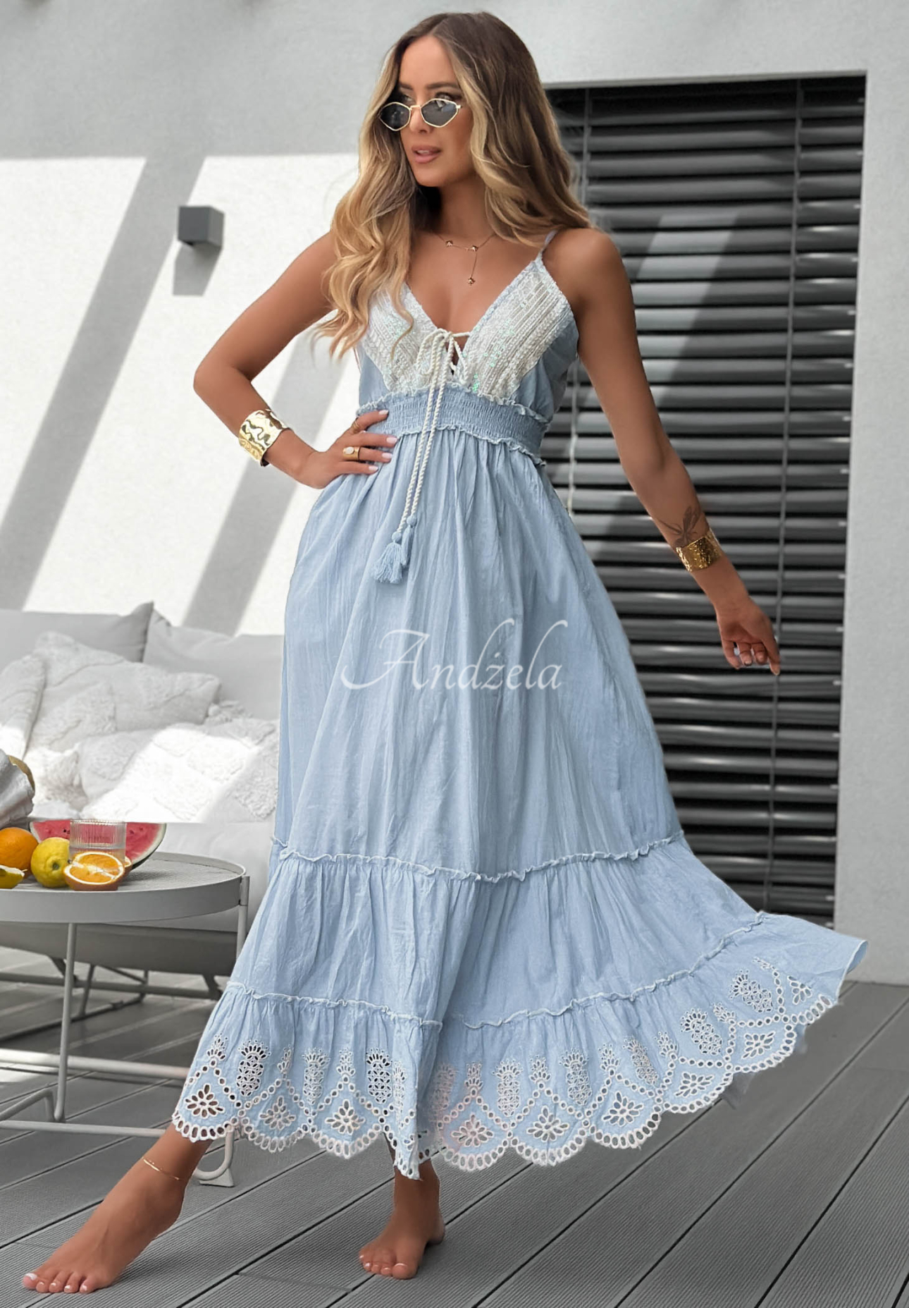 Bavlnené šaty maxi na ramienkach s ažúrovými volánikmi Seaside Serenity blankytná