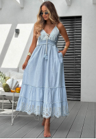 Šaty maxi na ramiączkach z ażurowymi falbankami Seaside Serenity blankytná