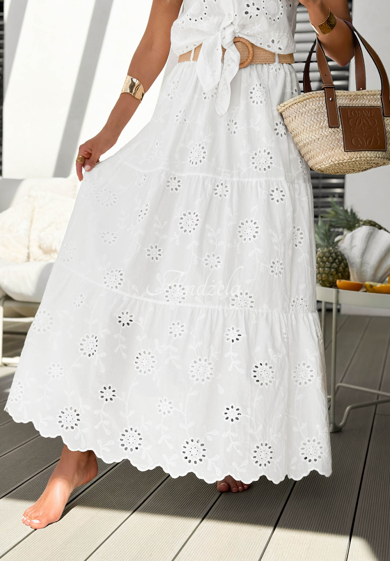 Ažúrová bavlnená maxi sukňa maxi s volánikmi a opaskom boho Ocean Paradise Biela
