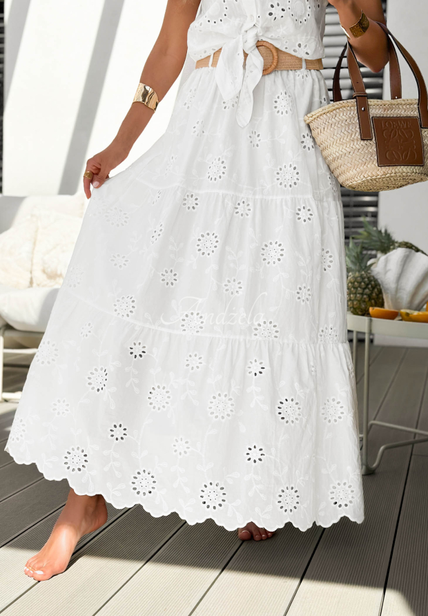 Až&uacute;rov&aacute; bavlnen&aacute; maxi sukňa maxi s vol&aacute;nikmi a opaskom boho Ocean Paradise Biela