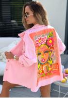 džínsová Bunda z nadrukiem Neon Lady púdrovo ružová