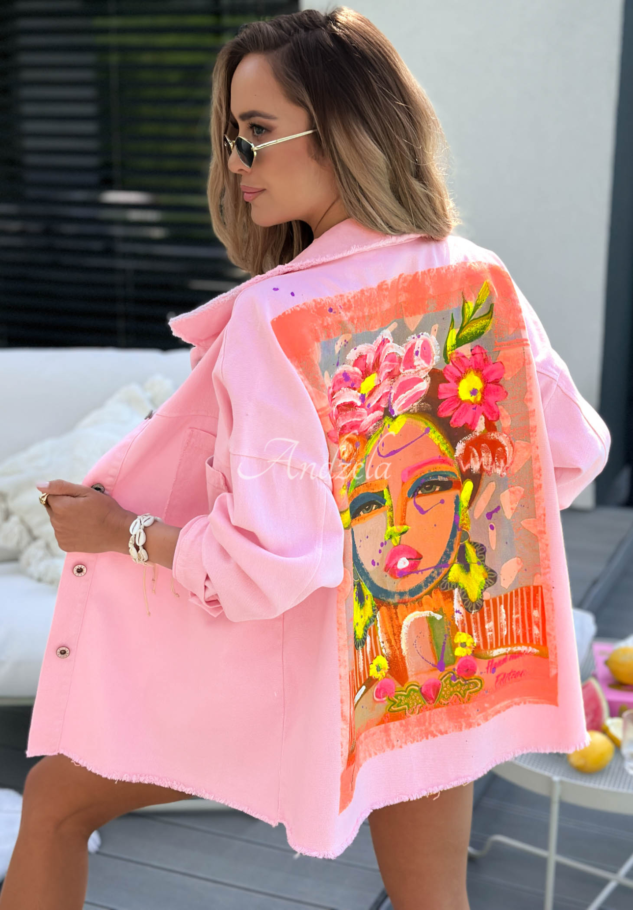 Džínsová bunda s potlačou Neon Lady púdrovo ružová