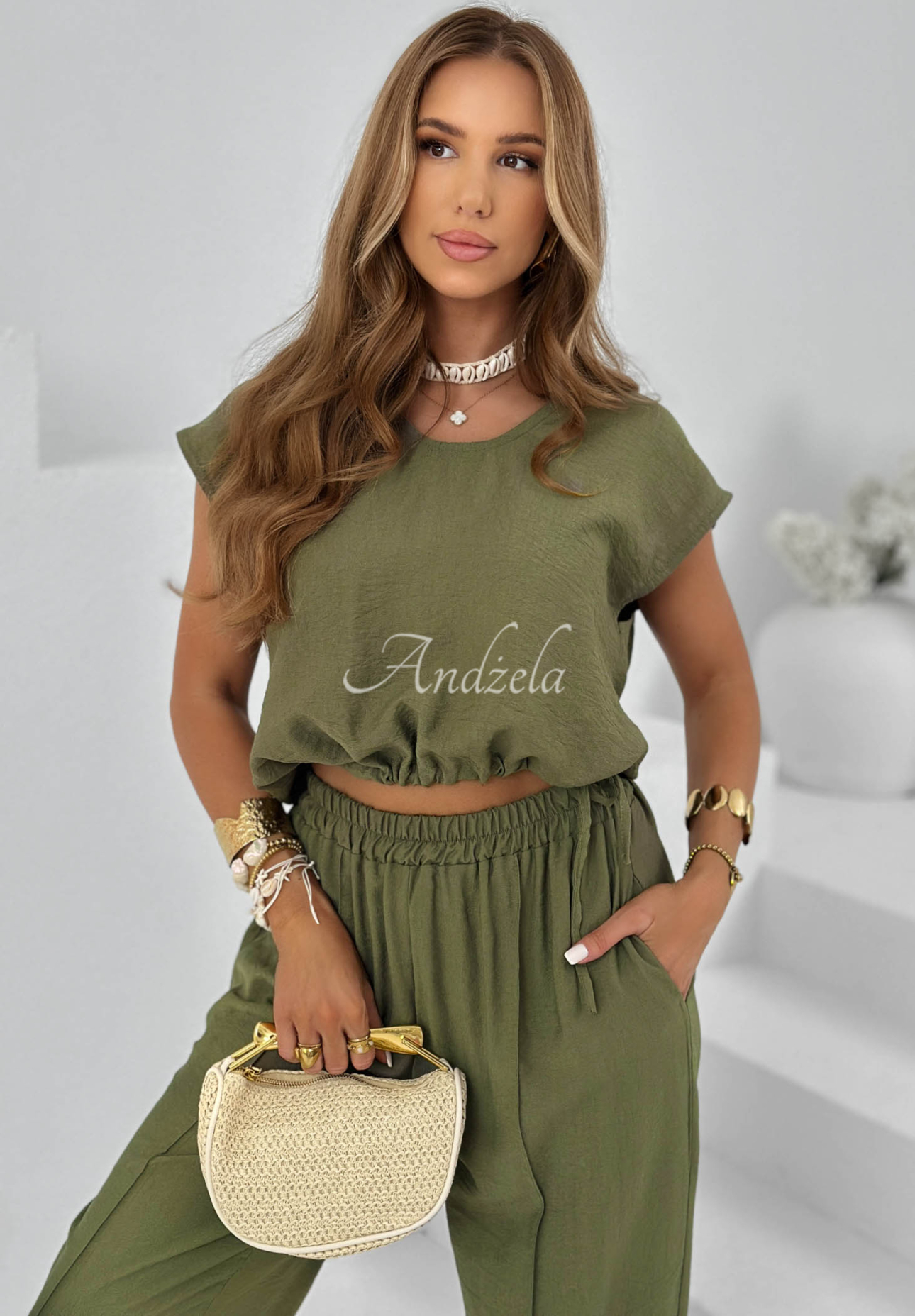 Viskózová súprava blúzka a nohavice Sunrise Sun khaki