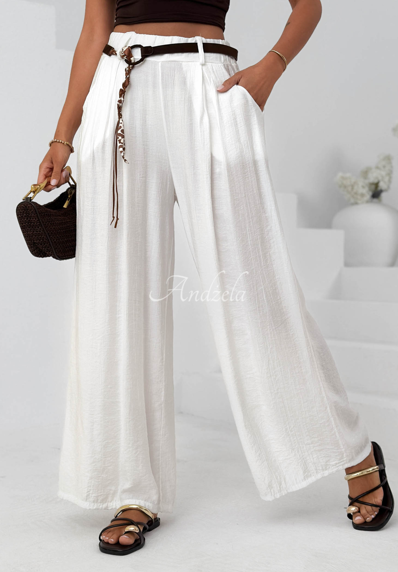 Látkové nohavice wide leg z viskózy Summer Trace ecru