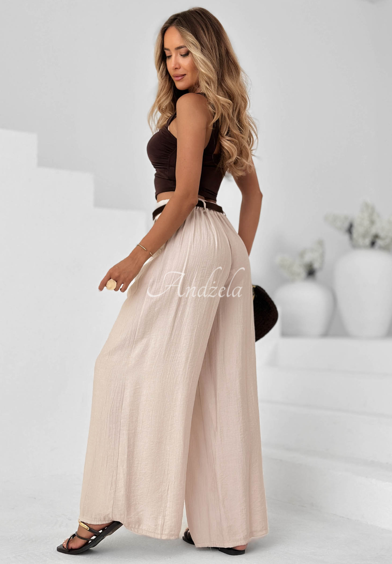 Látkové nohavice wide leg z viskózy Summer Trace béžové