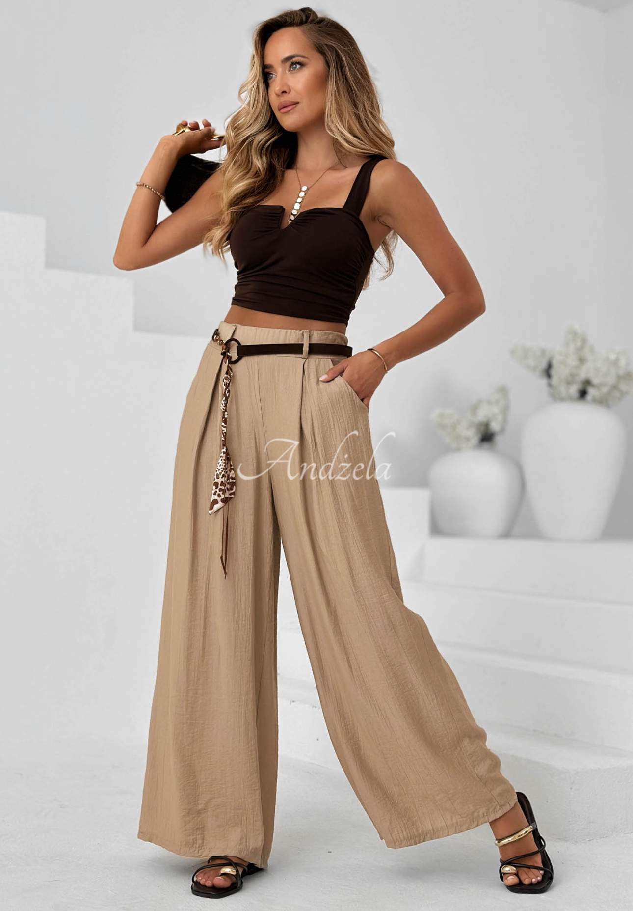 Látkové nohavice wide leg z viskózy Summer Trace Mokka