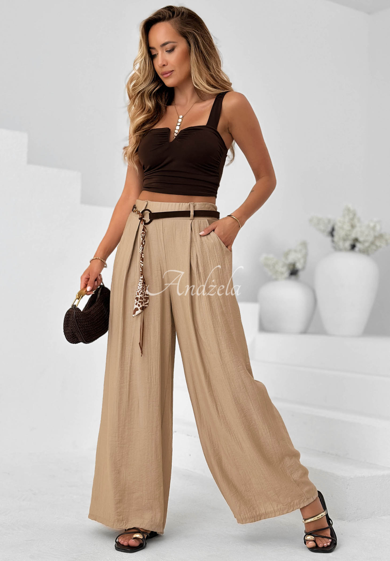 Látkové nohavice wide leg z viskózy Summer Trace Mokka