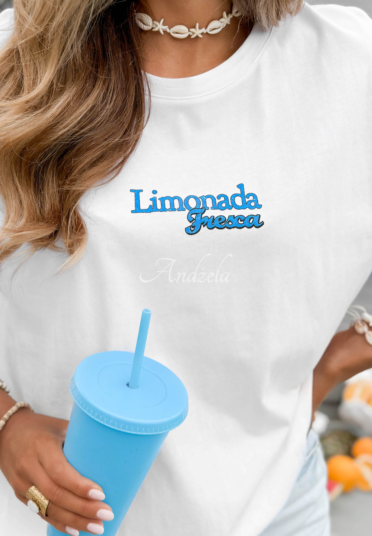 Bavlnené tričko s potlačou Limonada Fresca bielo-modrý