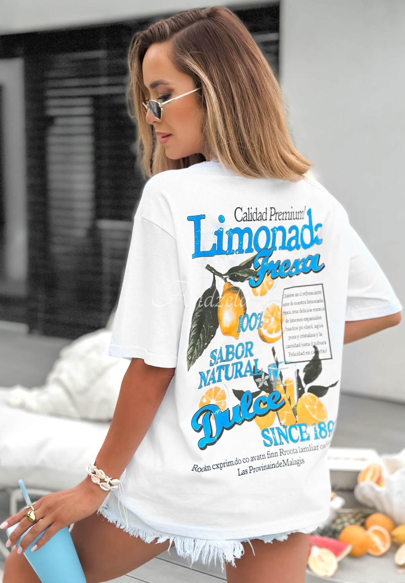 Bavlnené tričko s potlačou Limonada Fresca bielo-modrý