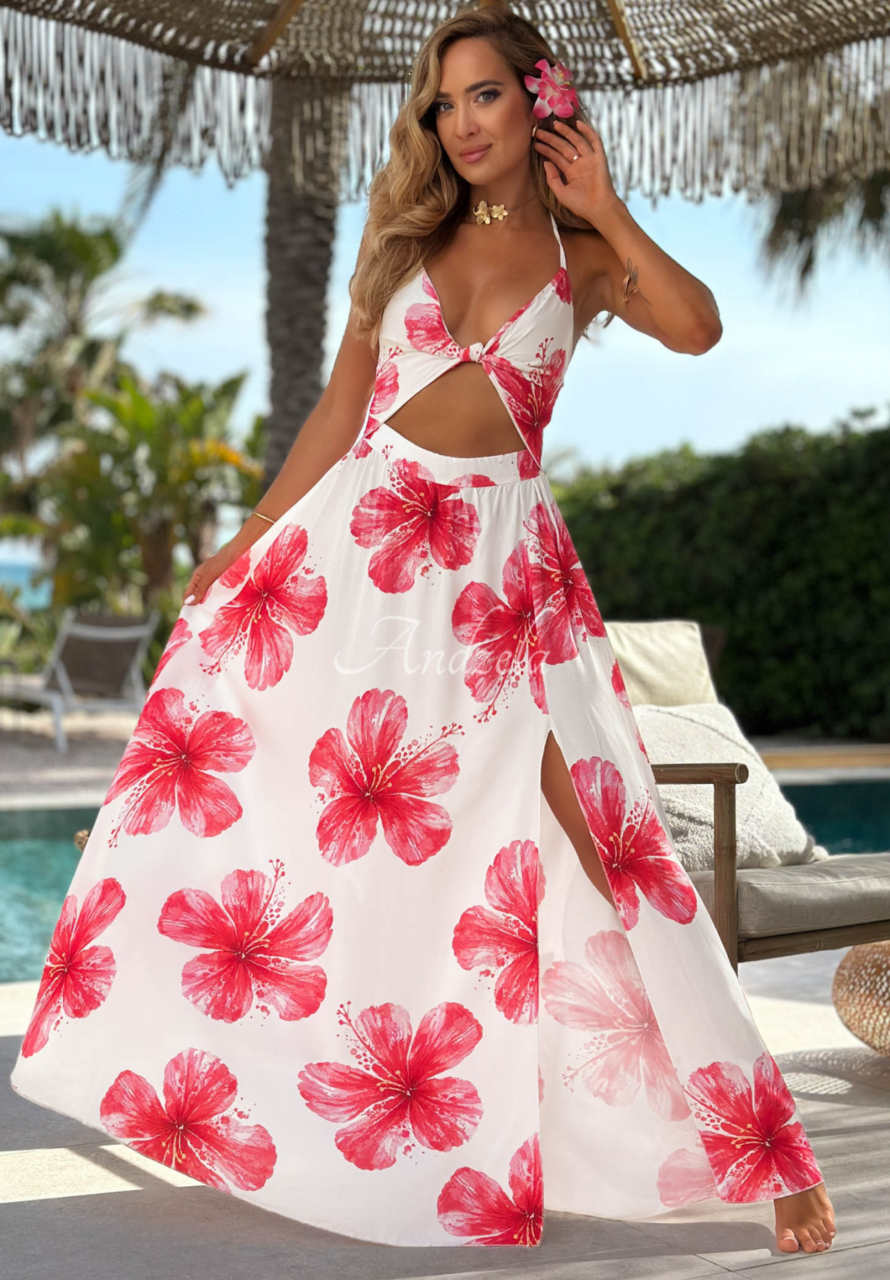 Kvetinové šaty maxi na ramienka z viskózy Hawaii Hibiscus bielo-ružové