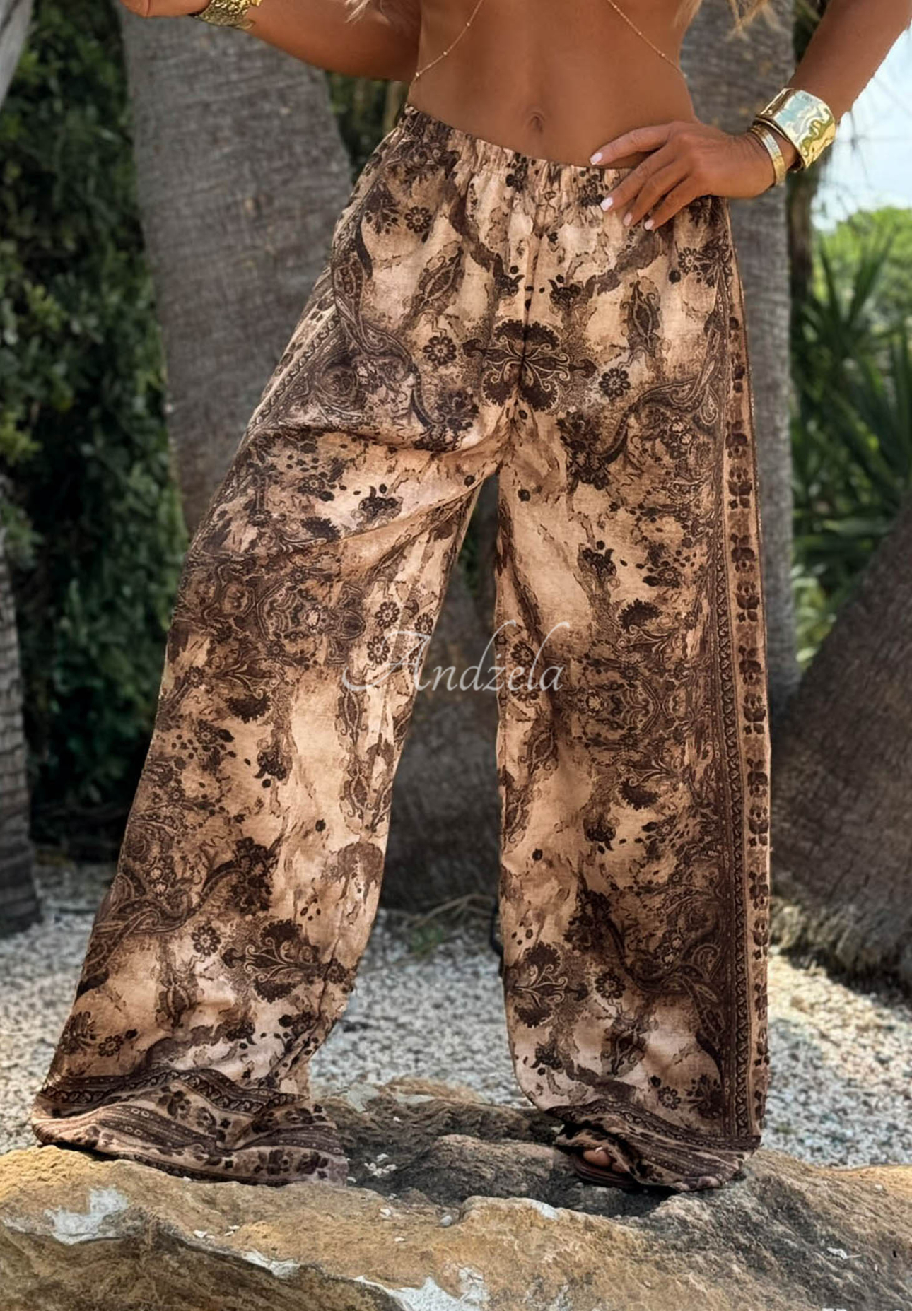 Viskózová súprava košeľa a nohavice wide leg Sunny Cocoa béžovo-čokoládová